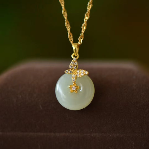 3426-2 Kalung Kupu-Kupu Kancing Perdamaian Giok Hetian Jade Alami Ukuran 13 * 13mm Set dalam Gaya Perak 925 Termasuk pajak pengiriman