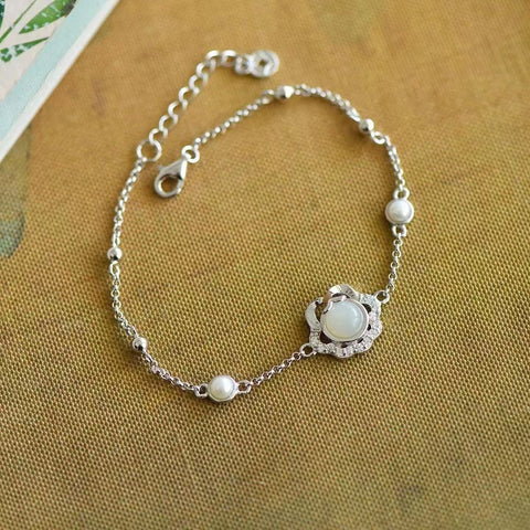 6004 Gelang Satu Sisi Giok Hetian Alami dengan Mutiara yang terbuat dari 925 Giok Perak yang bersih, halus, dan hangat Termasuk ongkos kirim dan pajak
