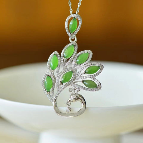 10800 Kalung Merak Mata Kuda Jasper Alami dari 925 Perak Ukuran 4 * 8mm Giok bersih, halus dan hangat, gaya yang indah.