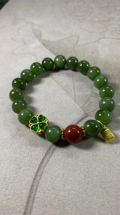 Gelang Giok Giok Hetian Jade Alami dengan aksesoris cantik Ukuran 9,5 mm Sudah termasuk pajak pengiriman.
