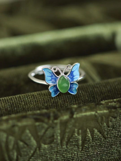 Cincin Kupu-kupu Jasper 💍 Kupu-kupu 🦋 melihat kemakmuran dunia, di sekitar ujung jari, proses warna enamel, gaya nasional Cina dengan cita rasa tinggi mode mewah ringan Termasuk pajak pengiriman