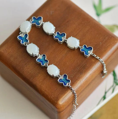 Gelang Enamel Kupu-kupu Giok Hetian Giok Alami 925 Tatahan Perak Ukuran 7.9mm Giok bersih dan halus serta hangat Sudah termasuk pajak pengiriman.