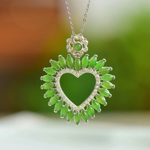10821 Set Kalung Jantung Jasper Alami dari 925 Perak Gaya yang indah, giok yang bersih dan halus