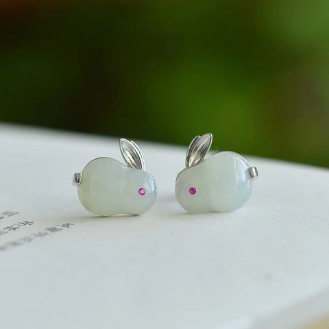 7698 Anting Kelinci Giok Hetian Giok Alami 925 Tatahan Perak Ukuran 10 * 13mm Gaya Giok Elegan Bersih & Bersih; Sudah Termasuk Pajak Pengiriman