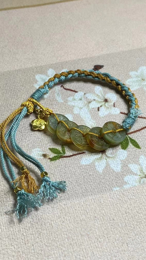 Gelang Gelang Lima Koin Kaisar Giok Cui Bunga Giok Giok Cui Ukuran 13.9mm Giok halus dan hangat, gaya yang indah, sudah termasuk pajak pengiriman.