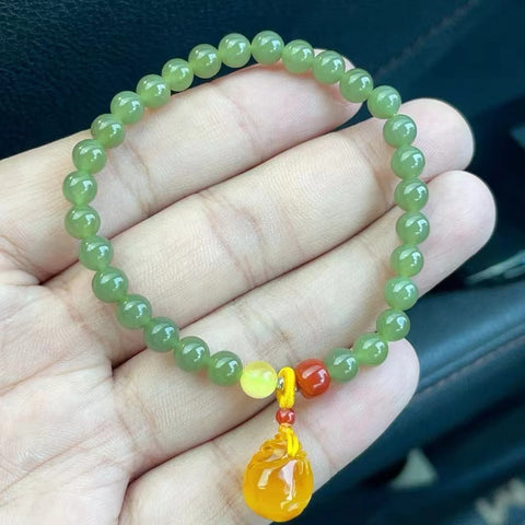 Gelang Giok Hetian Alami dengan Nan Hong + Lilin Lebah Ukuran 6mm Giok bersih, halus dan hangat Sudah termasuk pajak pengiriman.