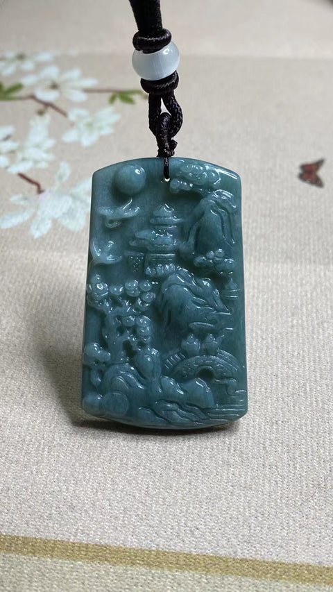 Liontin Lanskap Jadeite Alami Giok yang diukir dengan tangan halus dan hangat Ukuran 50 * 32mm Sudah termasuk pajak pengiriman