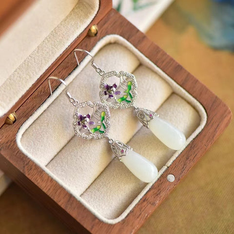 Anting Anggrek Anggrek Tetes Enamel Giok Hetian Giok Alami Gaya Cina 925 Pengaturan Perak Giok bersih, halus dan hangat Gaya sudah termasuk pajak pengiriman