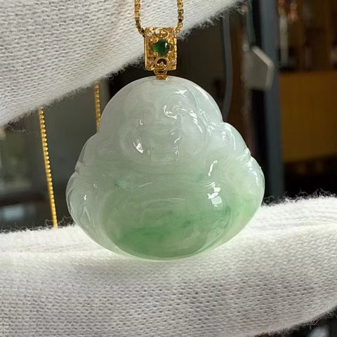 Kalung Buddha Maitreya Lengket Es Batu Giok Alami 18k Pengaturan Emas 18k Pencocokan Rantai Perak 925 Ukuran 27,5 * 23mm Sudah Termasuk Pajak Pengiriman
