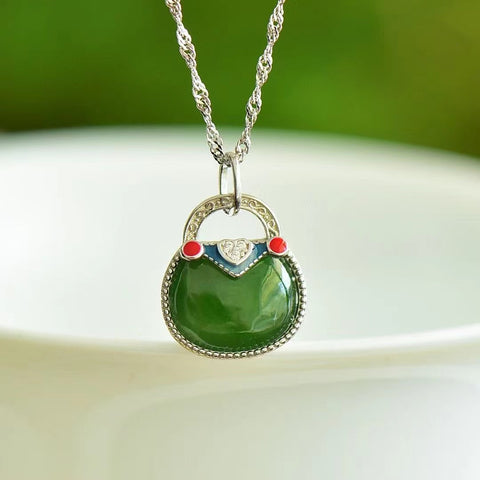 16022 Kalung Tas Enamel Giok Hetian Giok Alami yang terbuat dari 925 perak; Gaya Modis dan indah sudah termasuk pajak pengiriman