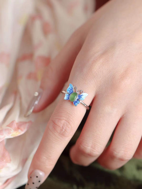 Cincin Kupu-kupu Jasper 💍 Kupu-kupu 🦋 melihat kemakmuran dunia, di sekitar ujung jari, proses warna enamel, gaya nasional Cina dengan cita rasa tinggi mode mewah ringan Termasuk pajak pengiriman