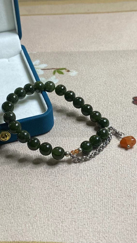 Gelang Giok Giok Hetian Jade Alami dengan aksesoris cantik Ukuran 8mm Sudah termasuk pajak pengiriman.