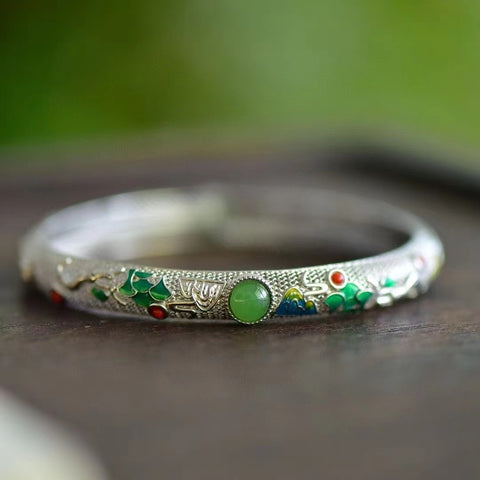 18616 Gelang Jasper Alami yang terbuat dari perak 925; Giok itu bersih, halus dan hangat; Gayanya cantik dan apik.