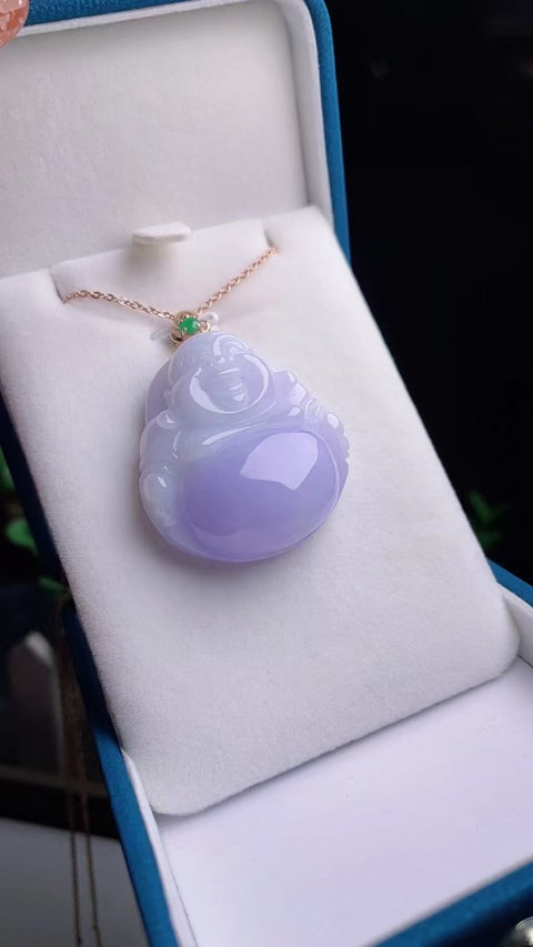 Jadeite Violet Alami Buddha Tersenyum Pengaturan emas 18k Jade adalah Jade yang halus dan hangat, gaya yang indah, penuh dengan kepala air Ukuran 3,6 * 3,2cm Termasuk pajak pengiriman.