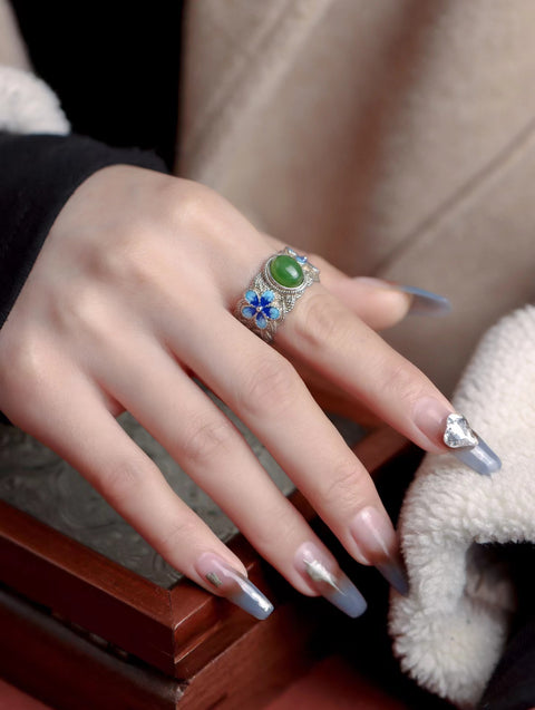 Cincin Telur Jasper Hijau Bayam Alami Cincin Telur Sterling 925 Silver Cloisonné Desain Etnik Kuno Gaya Kuno