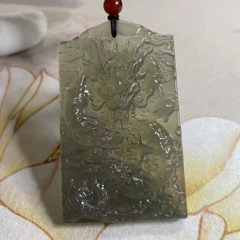 Liontin Naga Zodiak Es Giok Cui Giok Abu-abu Alami Ukuran 66 * 38mm Kualitas giok halus dan hangat, gaya yang indah Sudah termasuk pajak pengiriman.
