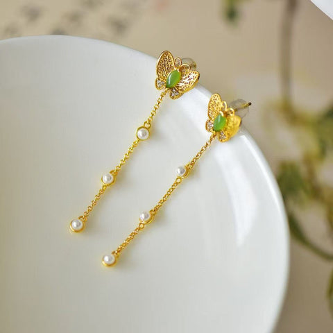 12413-3 Anting Mutiara Kupu-kupu Jasper Alami dari Perak 925 Ukuran 3 * 6mm Giok adalah gaya yang halus dan hangat, indah.