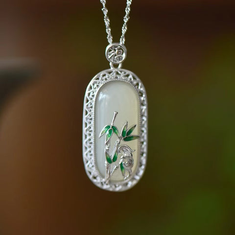 3402T Kalung Plakat Bulat Bambu Giok Hetian Giok Alami & 925 Pengaturan Perak Ukuran 12 * 29mm Gaya Termasuk pengiriman dan pajak.