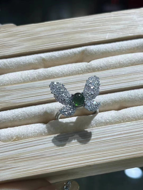 Cincin kupu-kupu dari perak 925 dengan berlian, bezel yang dapat disesuaikan, batu giok yang bersih dan halus, sudah termasuk pajak pengiriman.
