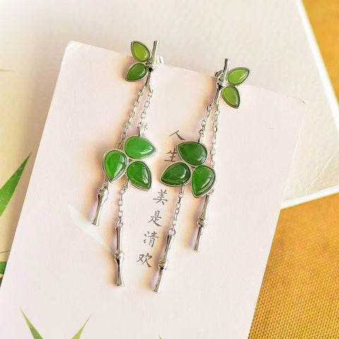 Anting Bambu Jasper Alami dari Perak 925, Giok yang halus dan hangat, gayanya sederhana dan elegan, sudah termasuk pajak pengiriman.