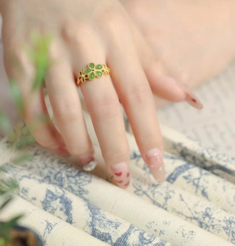 Cincin Jasper Clover Alami 925 Giok Berlapis Emas Perak bersih dan halus serta tanpa cacat; Termasuk Pajak Pengiriman