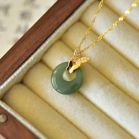 3263Q-2 Set Kalung Kupu-Kupu Kancing Perdamaian Jasper Alami dengan Gaya 925 Perak Ukuran 15 * 15mm Sudah termasuk pajak pengiriman.