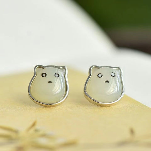 Set Beruang Kartun Giok Hetian Jade Alami 7362 Anting Ukuran 9.5 * 10mm & nbsp; 6622 Kalung Ukuran 13.5 * 13.5mm & nbsp; 925 Giok Tatahan Perak bersih dan halus serta hangat & nbsp; Sudah Termasuk Pajak Pengiriman