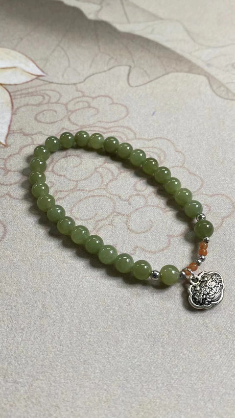 Gelang Giok Hetian Alami Ukuran 6mm Giok bersih, halus, dan hangat Termasuk pajak pengiriman.