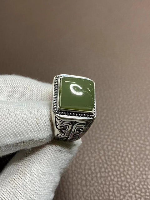 Cincin Giok Hetian Alami Giok bersih, halus dan hangat dengan pengaturan perak 925 Giok bersih, halus dan hangat Termasuk ongkos kirim dan pajak