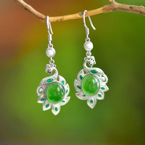 17405 Anting Jasper Phoenix Alami dengan Mutiara yang terbuat dari 925 Perak; Giok itu bersih, halus, dan hangat; Gayanya sederhana dan elegan; Sudah termasuk pajak pengiriman