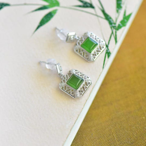 12355 Anting-anting Persegi Jasper Alami 925 Perak Setting Giok halus dan hangat, gaya yang indah, sudah termasuk pajak pengiriman.