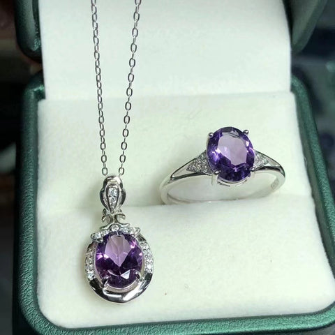 Cincin Set Kecubung Alami + Kalung Ukuran 7 * 9mm Ditetapkan dalam 925 Perak Penuh dengan Api Warna yang Indah Termasuk Pajak Pengiriman