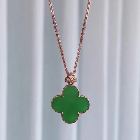 Kalung Semanggi Empat Daun Jasper Alami Gaya Pengaturan Emas 18k 16mm Termasuk Pengiriman & Pajak