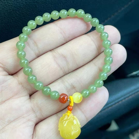 Gelang Giok Hetian Alami dengan Nan Hong + Lilin Lebah Ukuran 6mm Giok bersih, halus dan hangat Sudah termasuk pajak pengiriman.