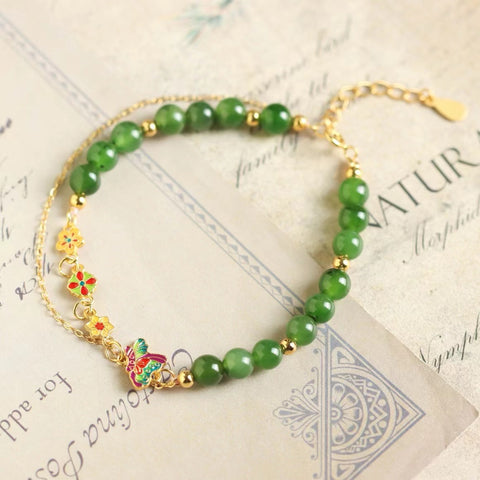 Gelang Jasper Alami 925 Perak dengan Giok Enamel Kupu-kupu bersih, halus dan hangat, kecil dan indah sudah termasuk pajak pengiriman.