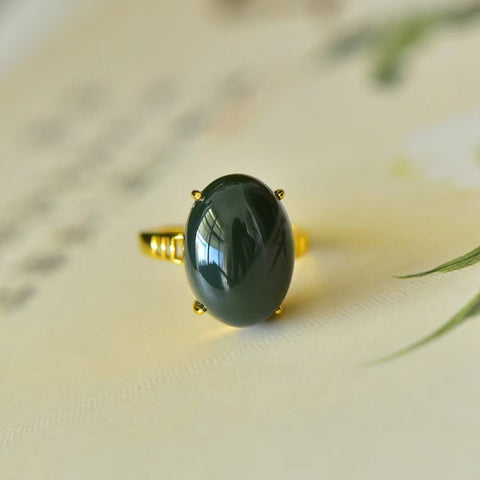 1410Q-2 Cincin Giok Hetian Alami Ukuran 13 * 18mm yang terbuat dari Giok Perak 925 memiliki gaya yang halus dan hangat, serta indah.