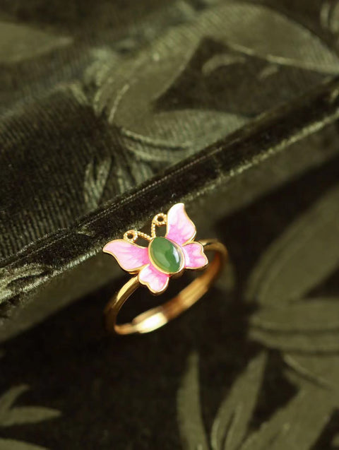 Cincin Kupu-kupu Jasper 💍 Kupu-kupu 🦋 melihat kemakmuran dunia, di sekitar ujung jari, proses warna enamel, gaya nasional Cina dengan cita rasa tinggi mode mewah ringan Termasuk pajak pengiriman