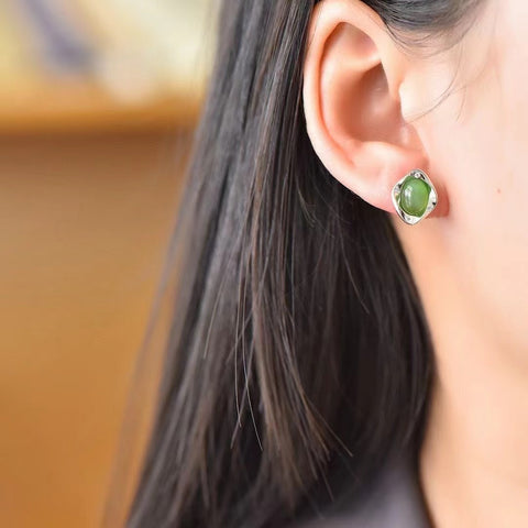 Anting-Anting Giok Jasper Hetian Jade Alami dengan Kualitas Giok Baru Gaya Perak 925 Perak Termasuk Pajak Pengiriman