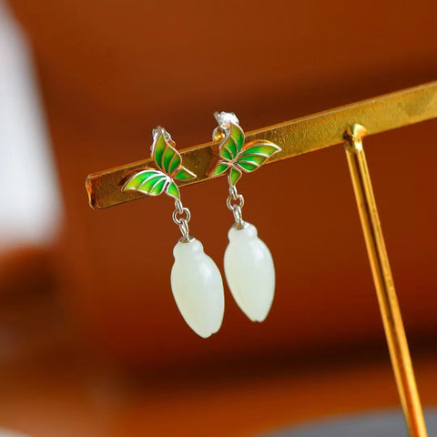 2146 Anting Bunga Anggrek Putih Giok Hetian Giok Alami 925 Pengaturan Perak Ukuran 8 * 15mm Termasuk Pajak Pengiriman