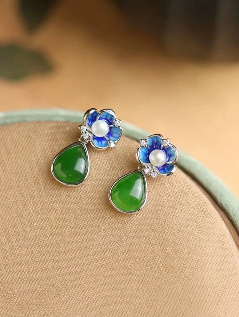 Anting-anting Enamel Jasper Alami & 925 Gaya Pengaturan Perak Giok yang bersih, halus, dan hangat Sudah termasuk pajak pengiriman.