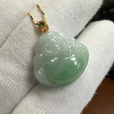 Kalung Buddha Maitreya Lengket Es Batu Giok Alami 18k Pengaturan Emas 18k Pencocokan Rantai Perak 925 Ukuran 27,5 * 23mm Sudah Termasuk Pajak Pengiriman