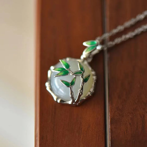 3270T Set Kalung Enamel Bambu Giok Hetian Giok Alami dari 925 Perak Ukuran 12 * 12mm Giok bersih, halus dan hangat Sudah termasuk pajak pengiriman.
