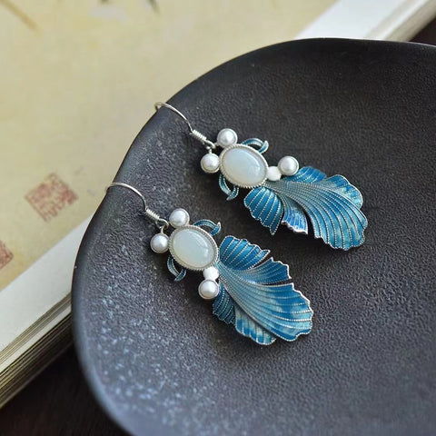 7751 Anting-anting Giok Giok Hetian Alami Kecil dengan perak 925 dengan enamel Sudah termasuk pajak pengiriman