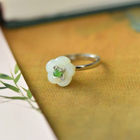 1342 Set Cincin Bunga Giok Hetian Alami dari Giok Perak 925 yang halus dan hangat Ukuran 12 * 12mm Gaya Termasuk pajak pengiriman