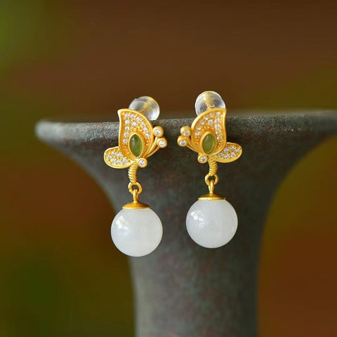 2799-6 Anting Kupu-kupu Giok Hetian Giok Alami 925 Tatahan Perak Ukuran 10 * 10mm Sudah Termasuk Pajak Pengiriman