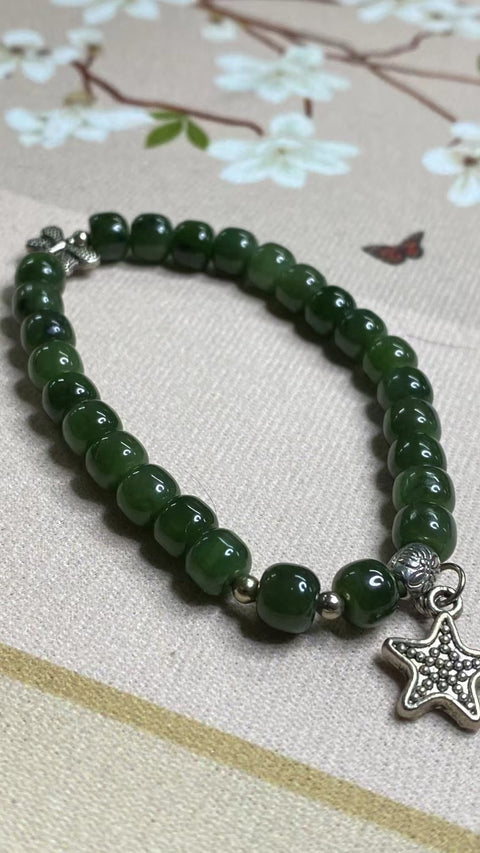 Gelang Jasper Alami dengan aksesoris cantik untuk keberuntungan Batu giok bersih, halus dan hangat; Ukuran 7 * 6mm Sudah termasuk pajak pengiriman.