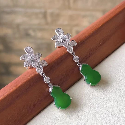 Anting-anting Labu Desain Jasper Alami 925 Perak Pengaturan Giok bersih dan halus serta hangat Ukuran 10 * 15mm Sudah termasuk pajak pengiriman.