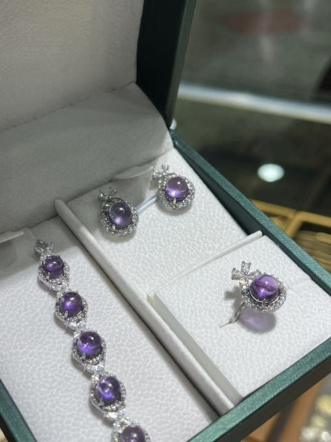Cincin Set Kecubung Alami 8mm, Anting 7mm, Gelang 6mm, Dibuat dari Perak 925, Sedingin Es dan Jernih, Gaya Cantik