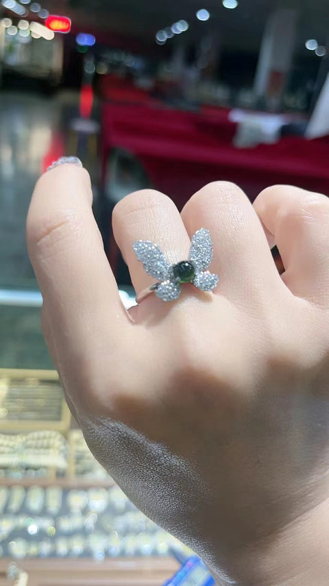 Cincin kupu-kupu dari perak 925 dengan berlian, bezel yang dapat disesuaikan, batu giok yang bersih dan halus, sudah termasuk pajak pengiriman.