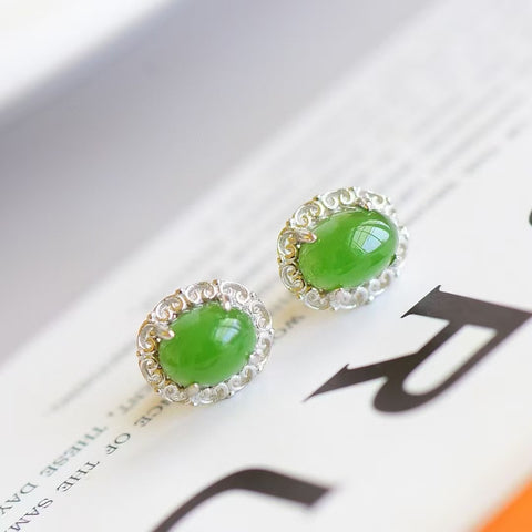 12058 Anting Jasper Alami Set dalam 925 Perak Ukuran 6 * 8mm Giok halus dan hangat, penuh kelembapan, penuh gaya dan elegan.
